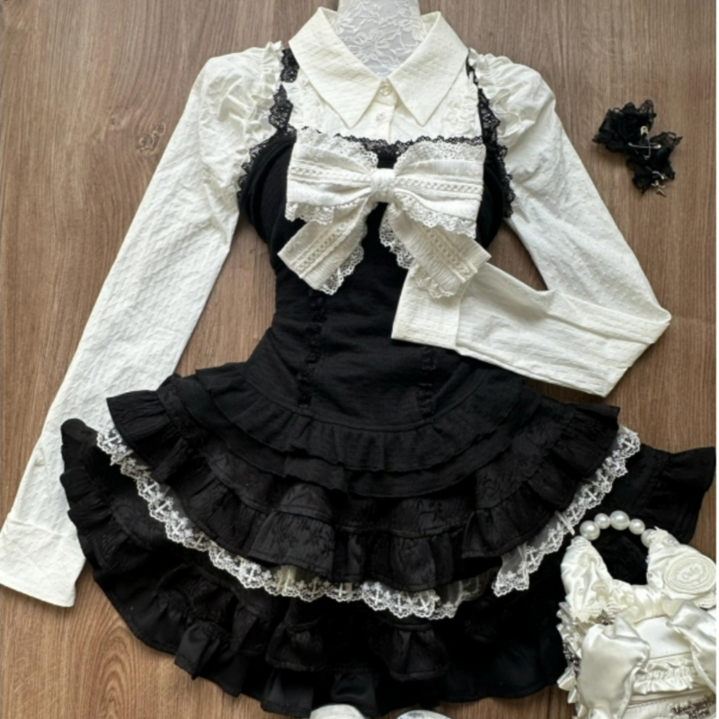 Fly Line - Y2kความงามLolitaสไตล์ 3 ชิ้นชุดผู้หญิงKawaiiสีขาวเสื้อลูกไม้เสื้อกั๊กRuffleกระโปรงมินิญี่ปุ่นแฟชั่นGothicชุดกระโปรง