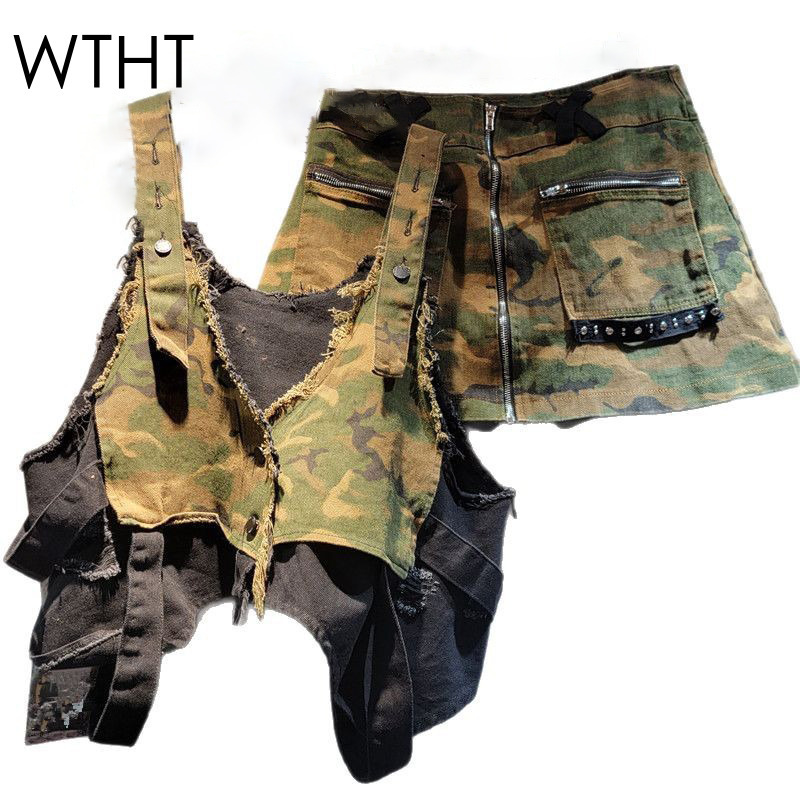 Fly Line - WTHT ใหม่อินเทรนด์ผู้หญิง Patchwork Camouflage DENIM สลิงเสื้อเอวสูงซิปออกแบบ