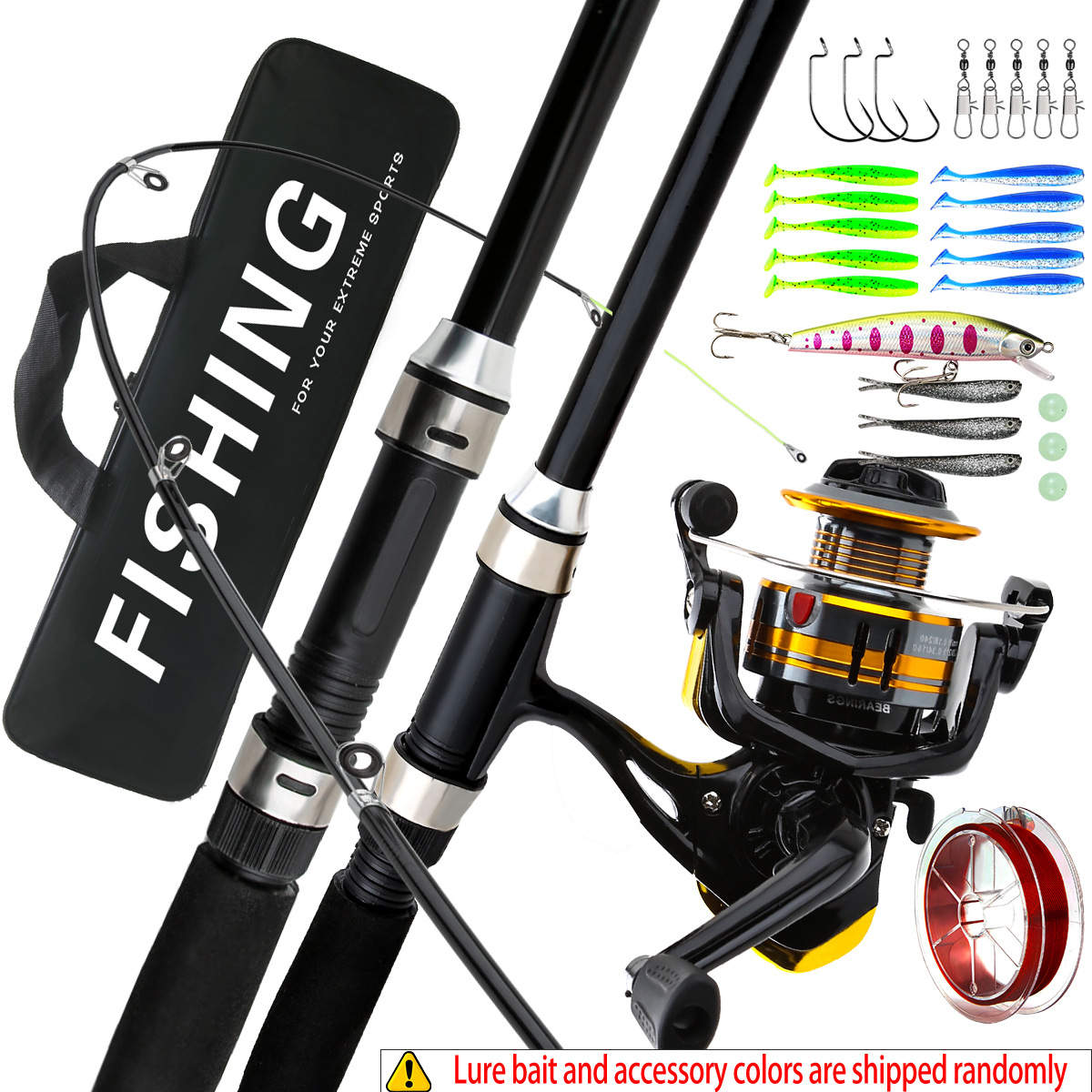 Freshwater Line - ชุดคันเบ็ดและรอกตกปลาแบบคอมโบ พร้อมรอกสปินนิ่งด้ามตรง เหยื่อปลอม ตะขอ สายตกปลา และกระเป๋าสำหรับตกปลาในน้ำจืดและน้ำเค็ม