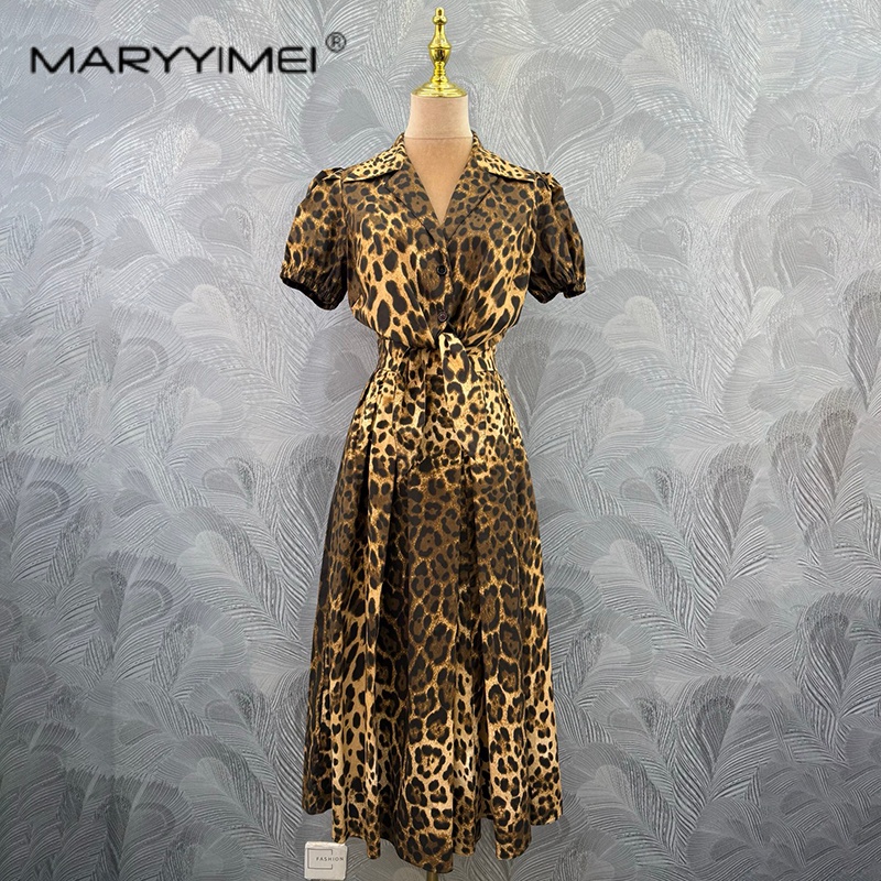 Fly Line - ชุดกระโปรงสั้นผู้หญิงลายเสือดาวแฟชั่น MARYYIMEI พร้อมปกเสื้อและเชือกผูก รุ่นใหม่ ฤดูร้อน 2026